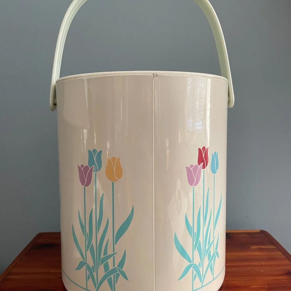 Vintage Ice Bucket Floral Tulips Pastel Tongs Tray Bar Accessory